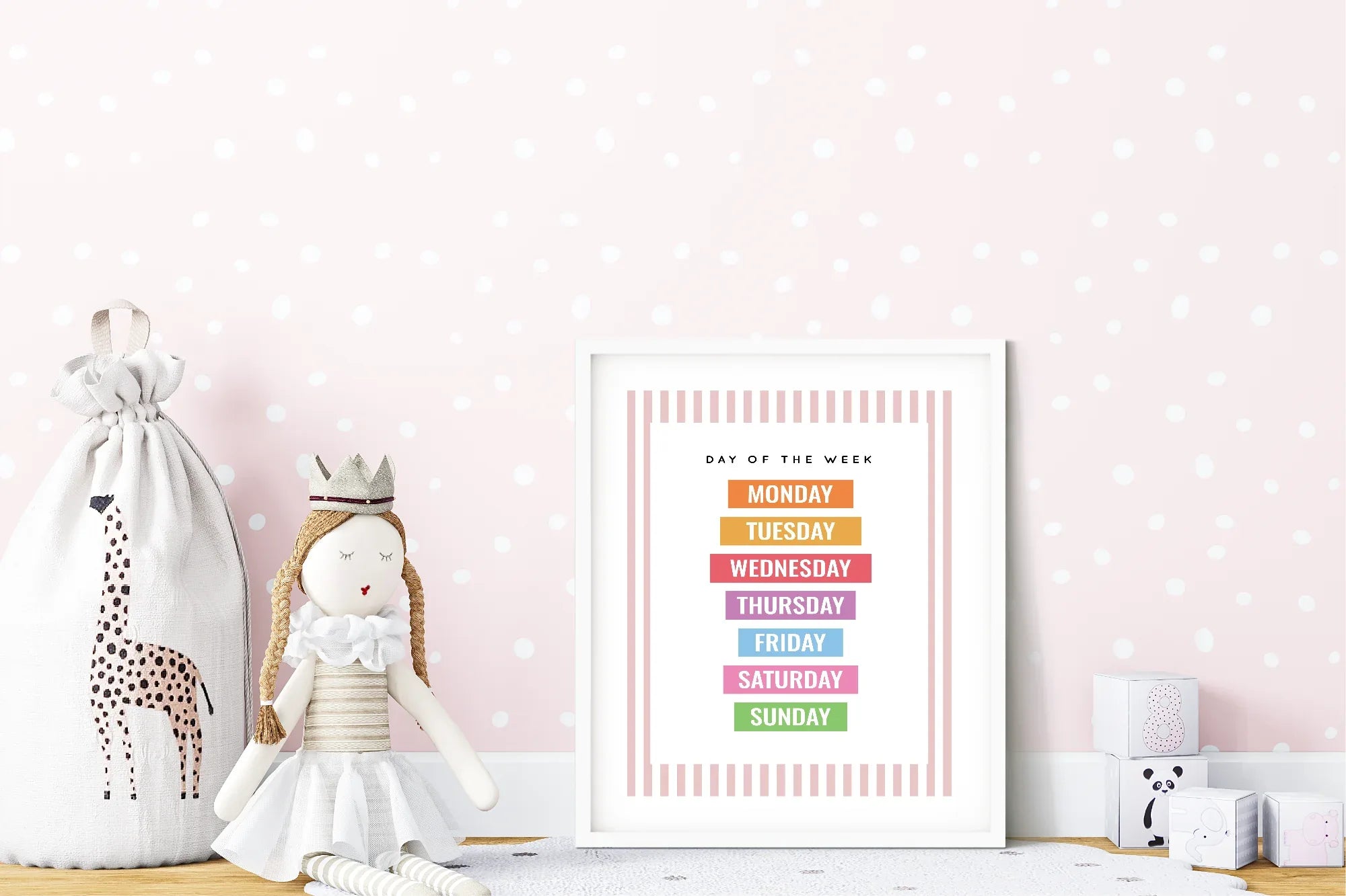 Pastel Stripe Days Of The Week Educational Wall Art Poster | Blue, Pink or Mint Green - Larosier Prints