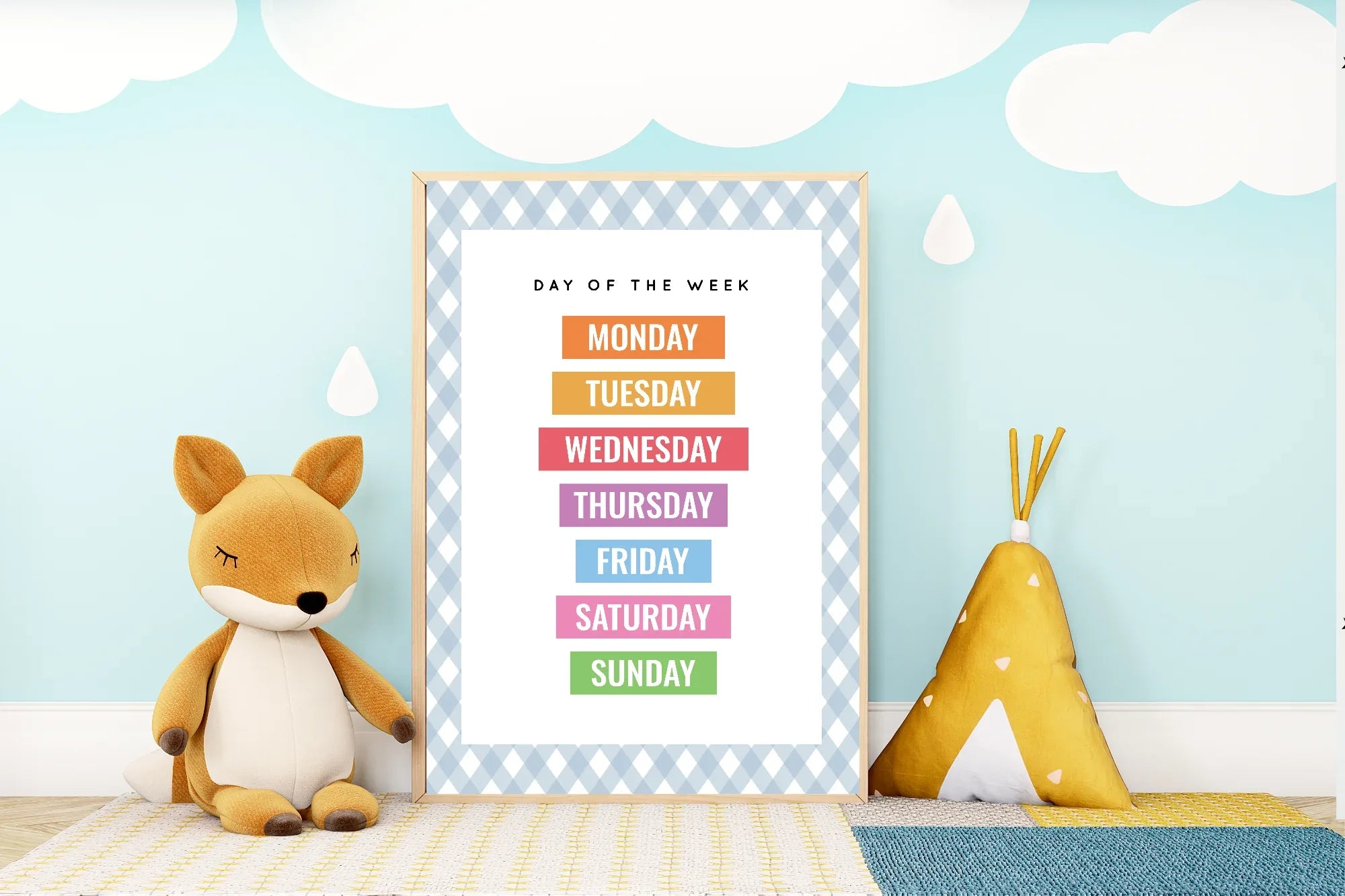 Pastel Plaid Days Of The Week Educational Wall Art Poster | Blue, Pink or Mint Green - Larosier Prints