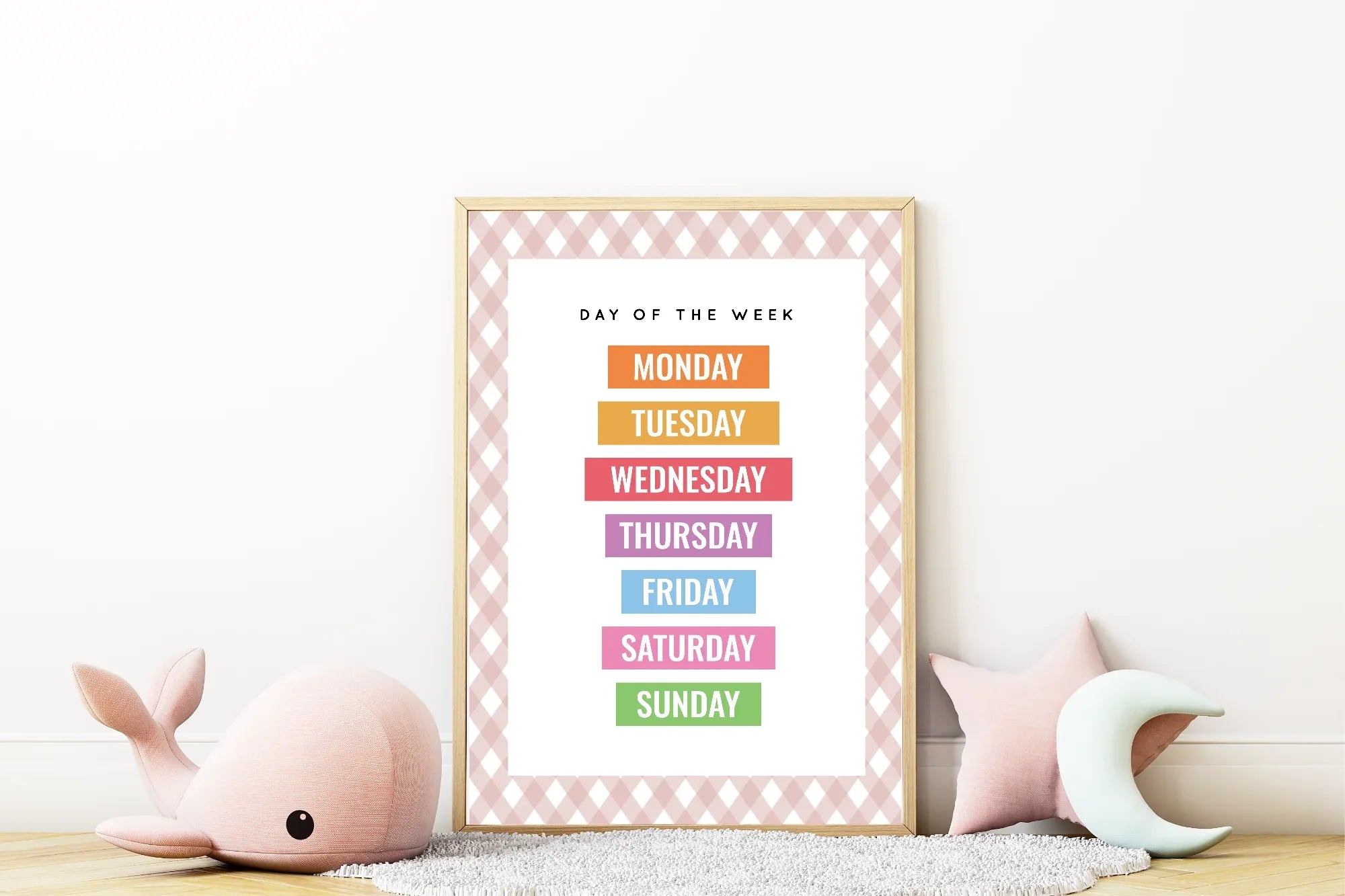 Pastel Plaid Days Of The Week Educational Wall Art Poster | Blue, Pink or Mint Green - Larosier Prints