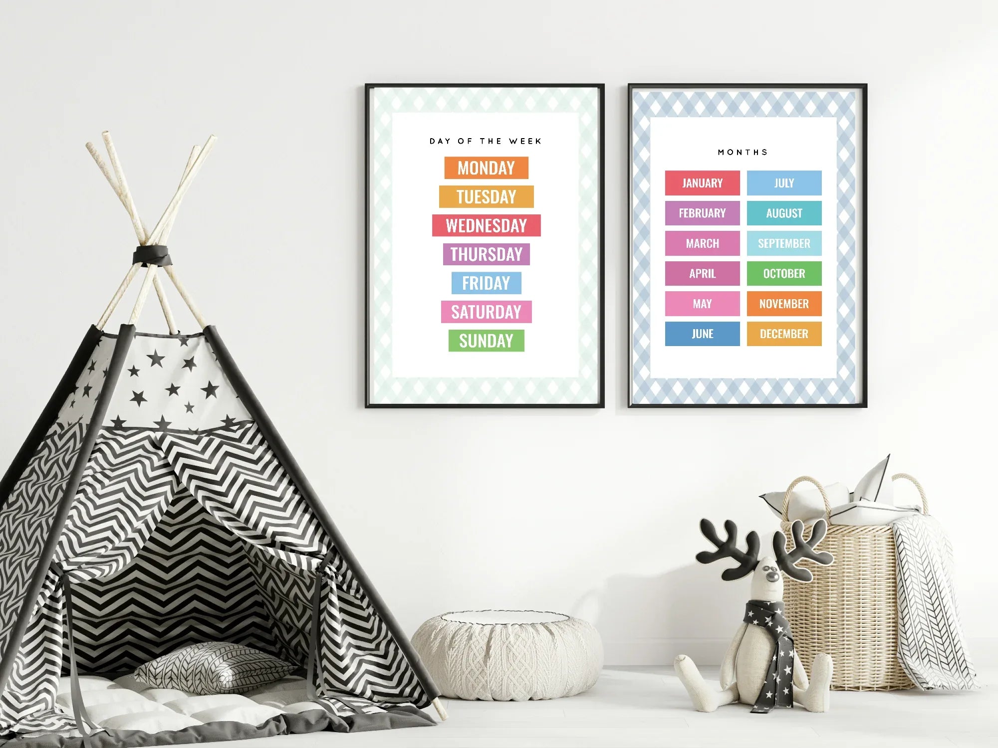 Pastel Plaid Days Of The Week Educational Wall Art Poster | Blue, Pink or Mint Green - Larosier Prints