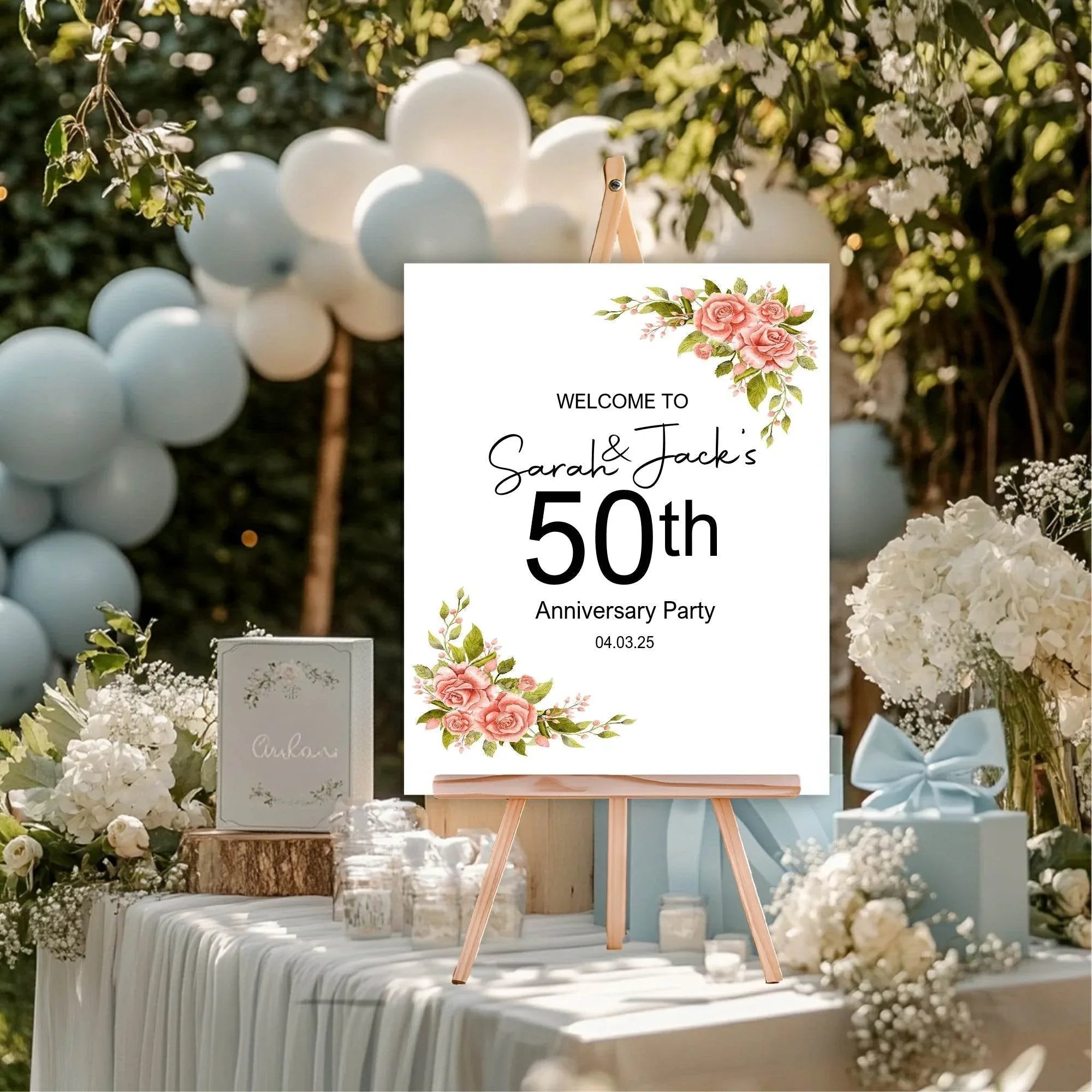 Pink Rose Welcome Anniversary Party Sign - Larosier Prints