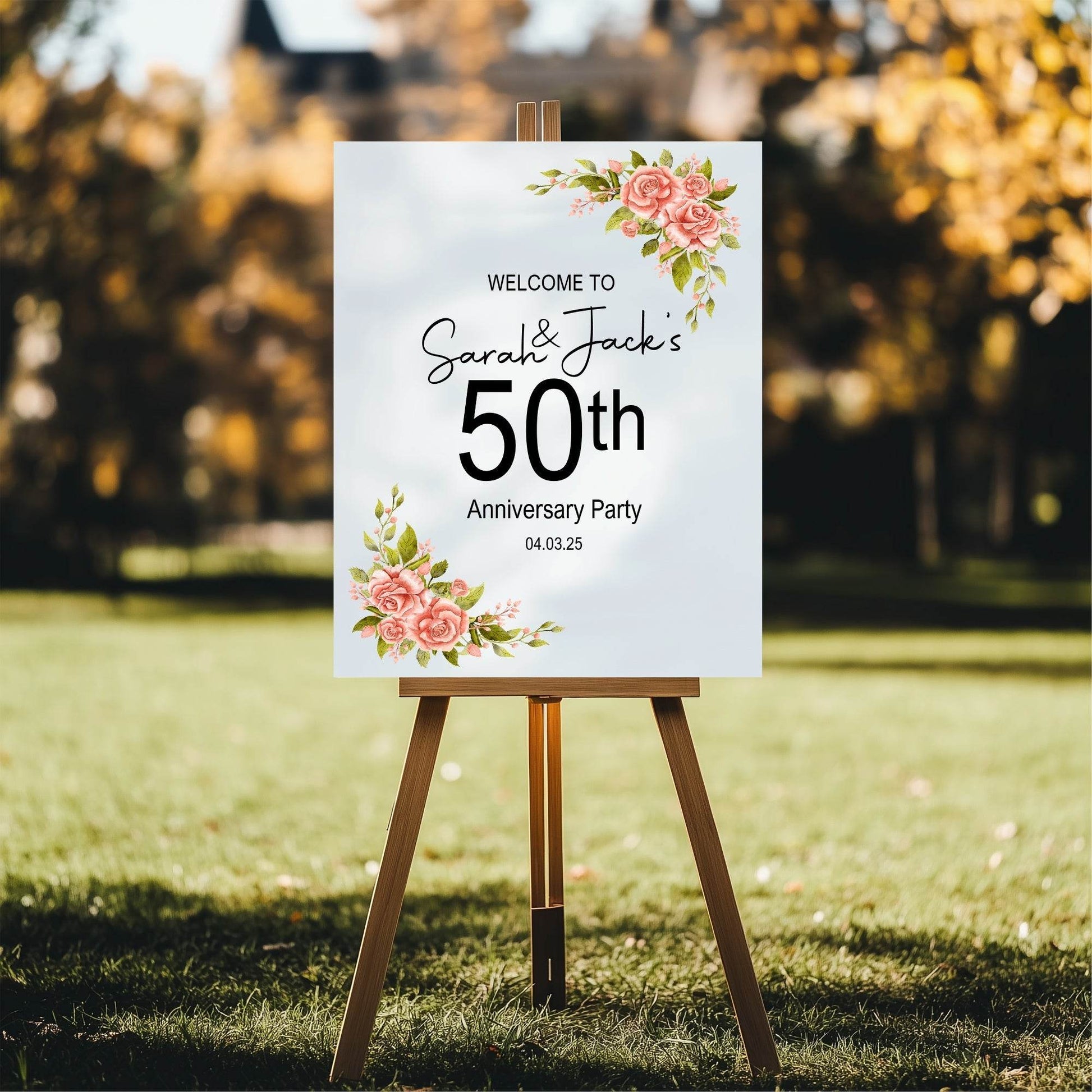 Pink Rose Welcome Anniversary Party Sign