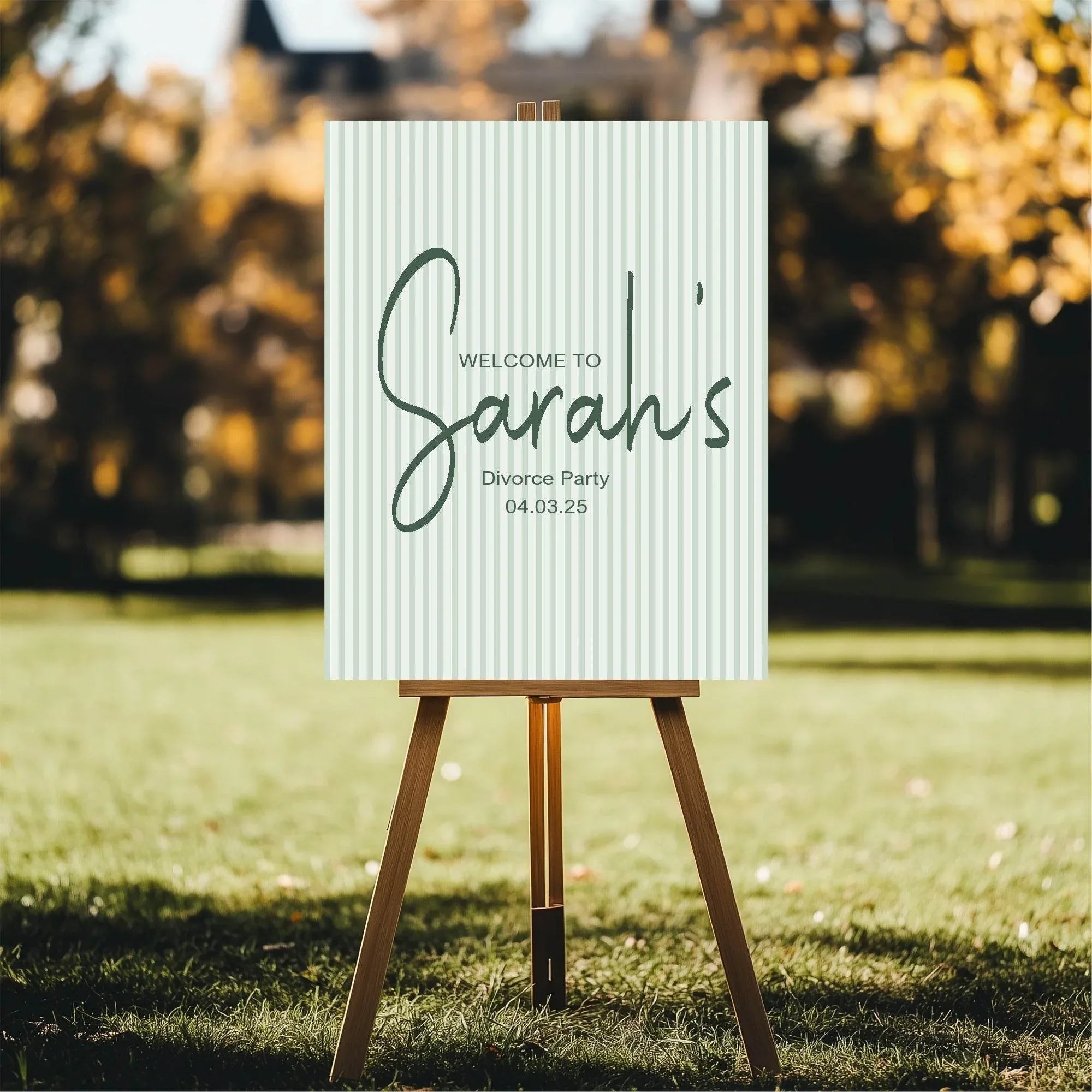 Sage Green Stripe Welcome Divorce Party Sign - Larosier Prints