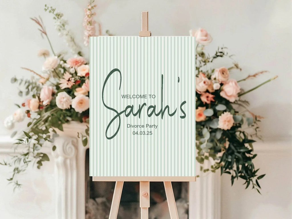 Sage Green Stripe Welcome Divorce Party Sign - Larosier Prints