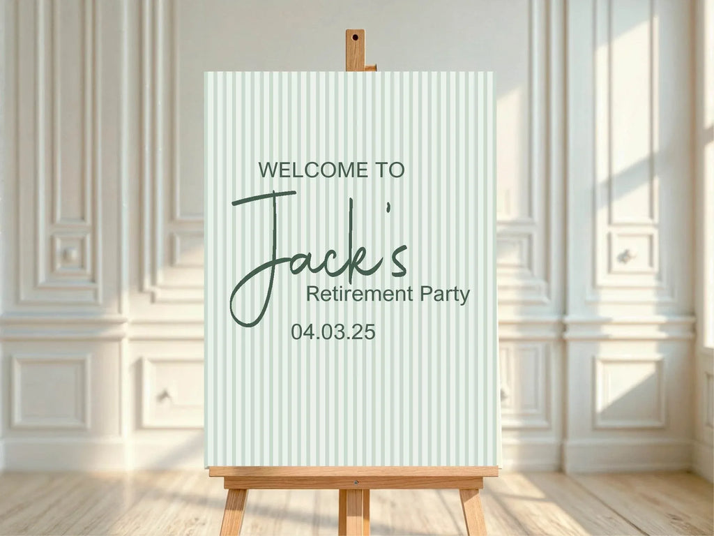 Sage Green Stripe Welcome Retirement Party Sign - Larosier Prints