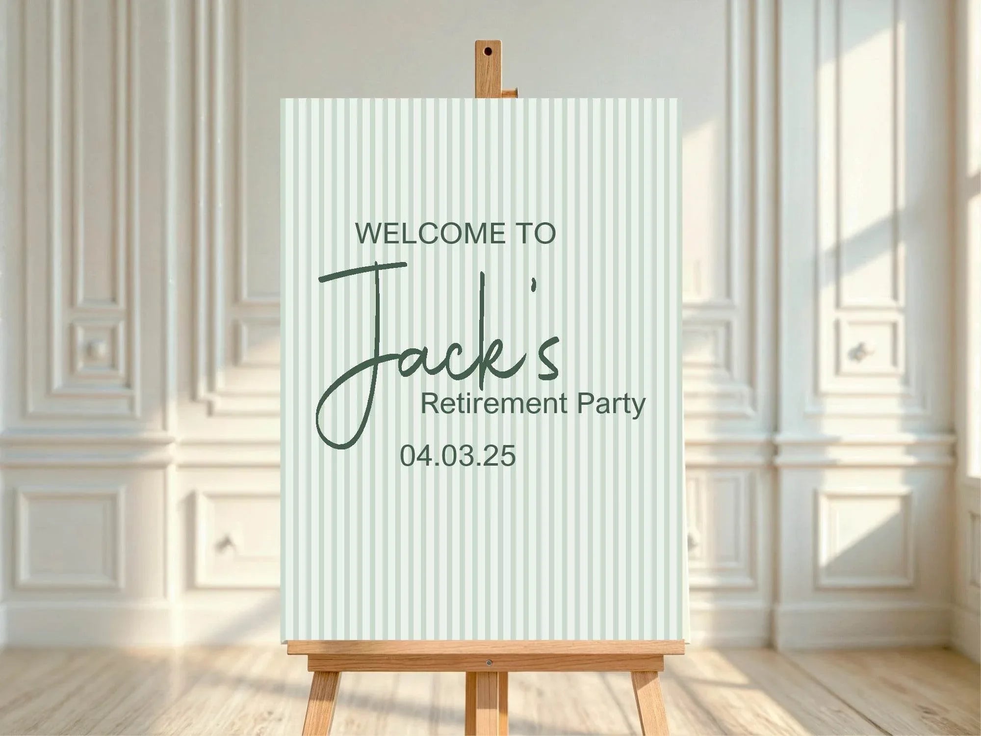 Sage Green Stripe Welcome Retirement Party Sign - Larosier Prints