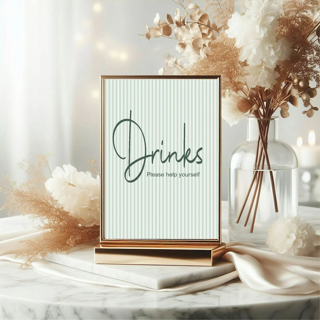 Sage Green Stripe Drinks Birthday Party Sign - Larosier Prints