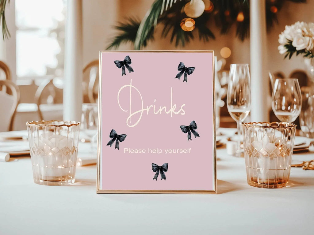 Bows Drinks Birthday Party Sign | Pink & Black - Larosier Prints