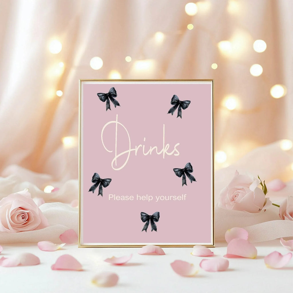 Bows Drinks Birthday Party Sign | Pink & Black - Larosier Prints