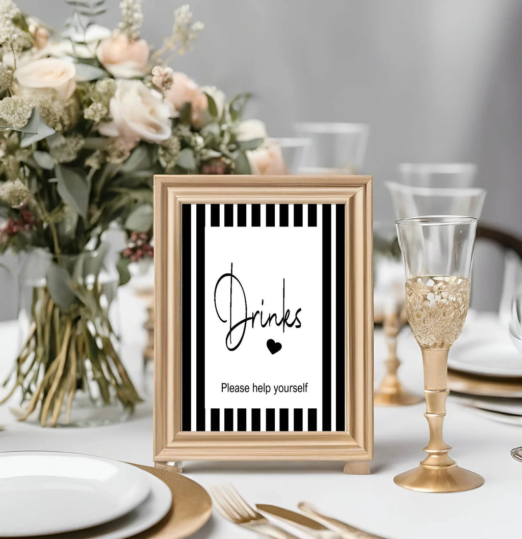 Black & White Stripe Drinks Birthday Party Sign - Larosier Prints