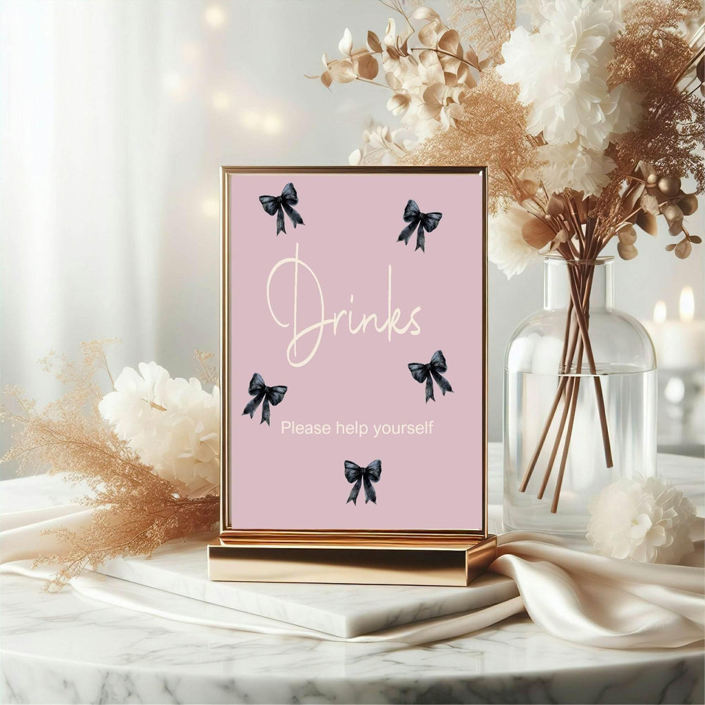 Bows Drinks Birthday Party Sign | Pink & Black - Larosier Prints