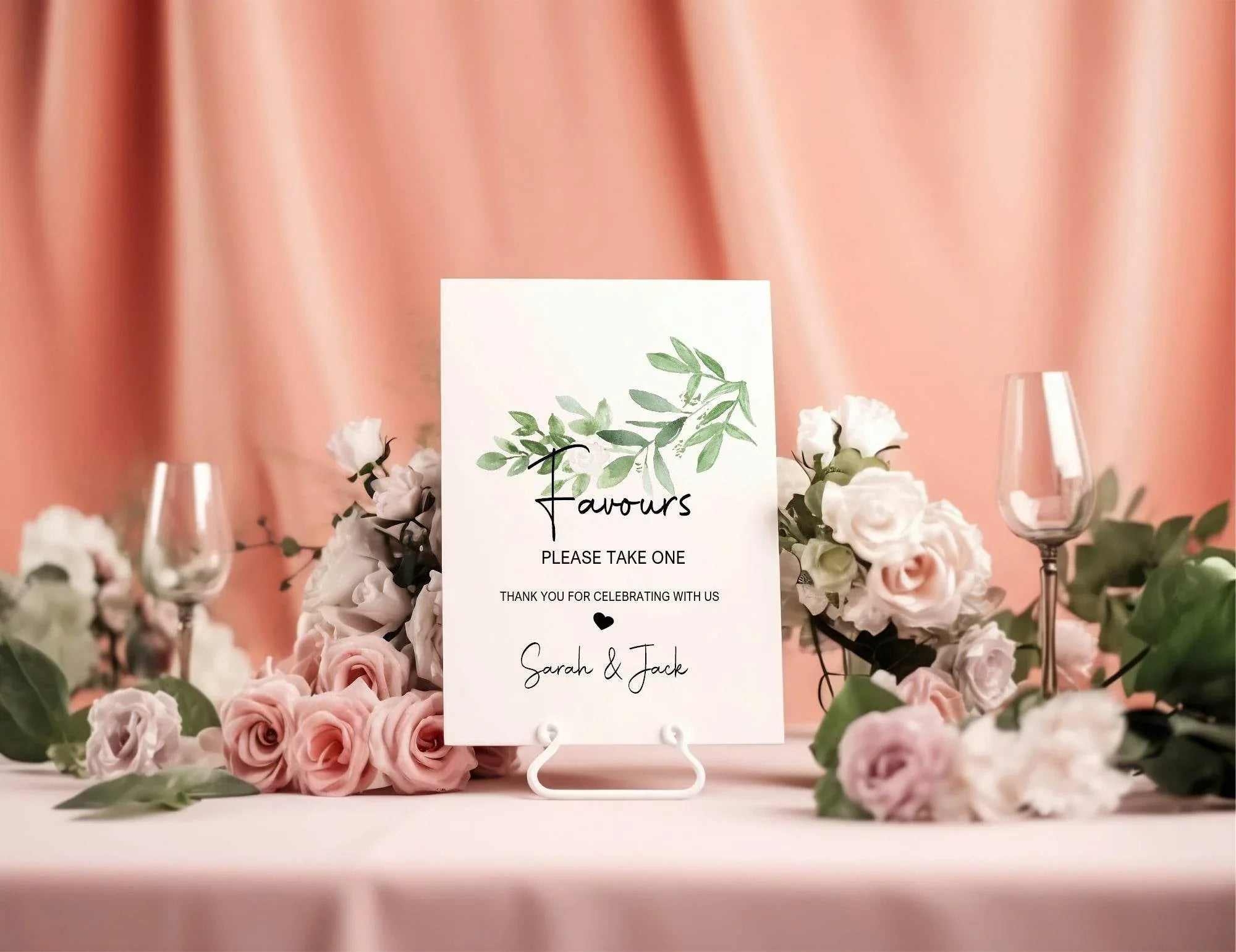 Green & White Rose Favours Wedding Party Sign - Larosier Prints