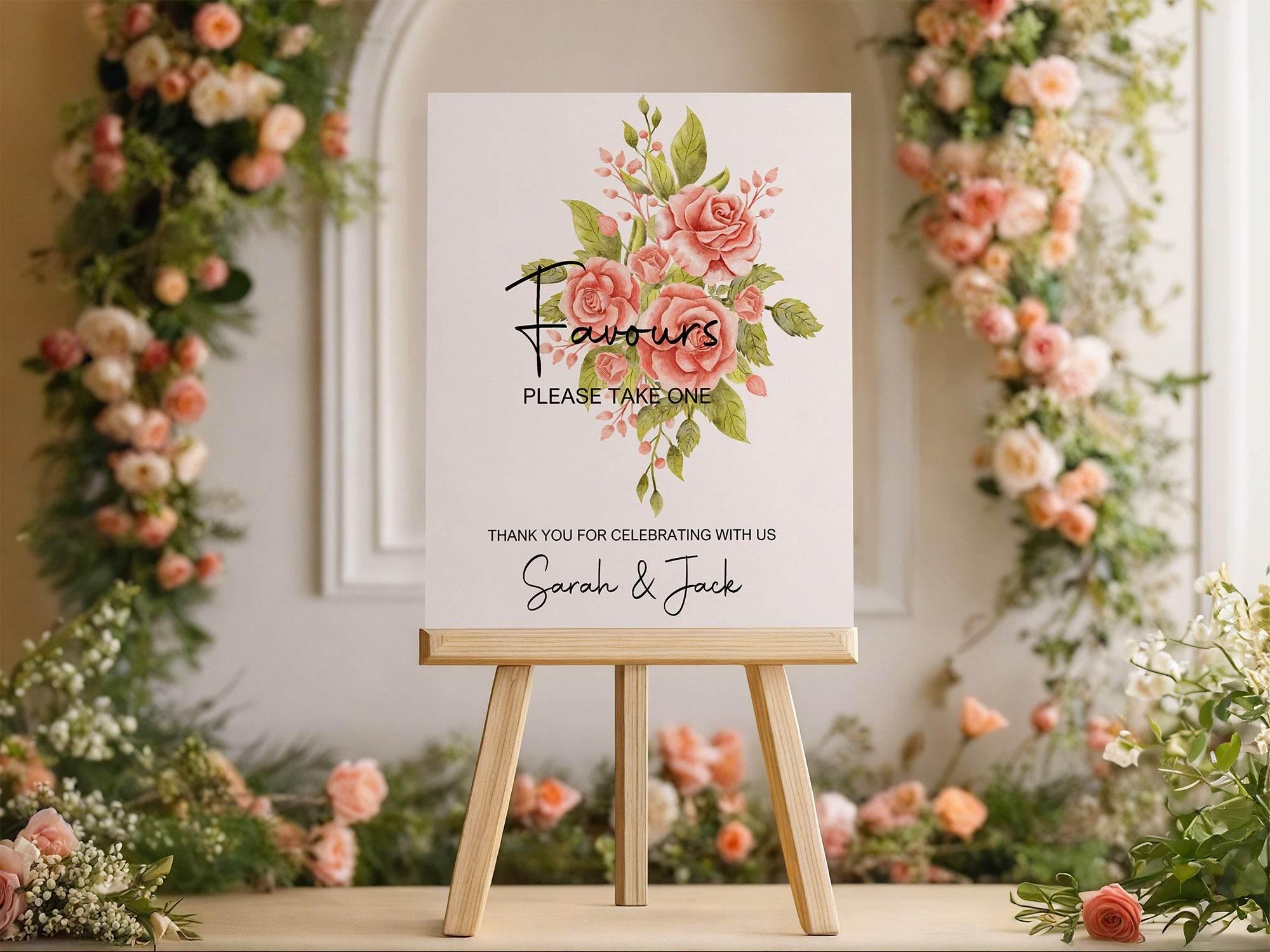 Pink Rose Favours Wedding Party Sign - Larosier Prints
