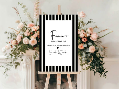 Black & White Stripe Favours To Our Wedding Party Sign