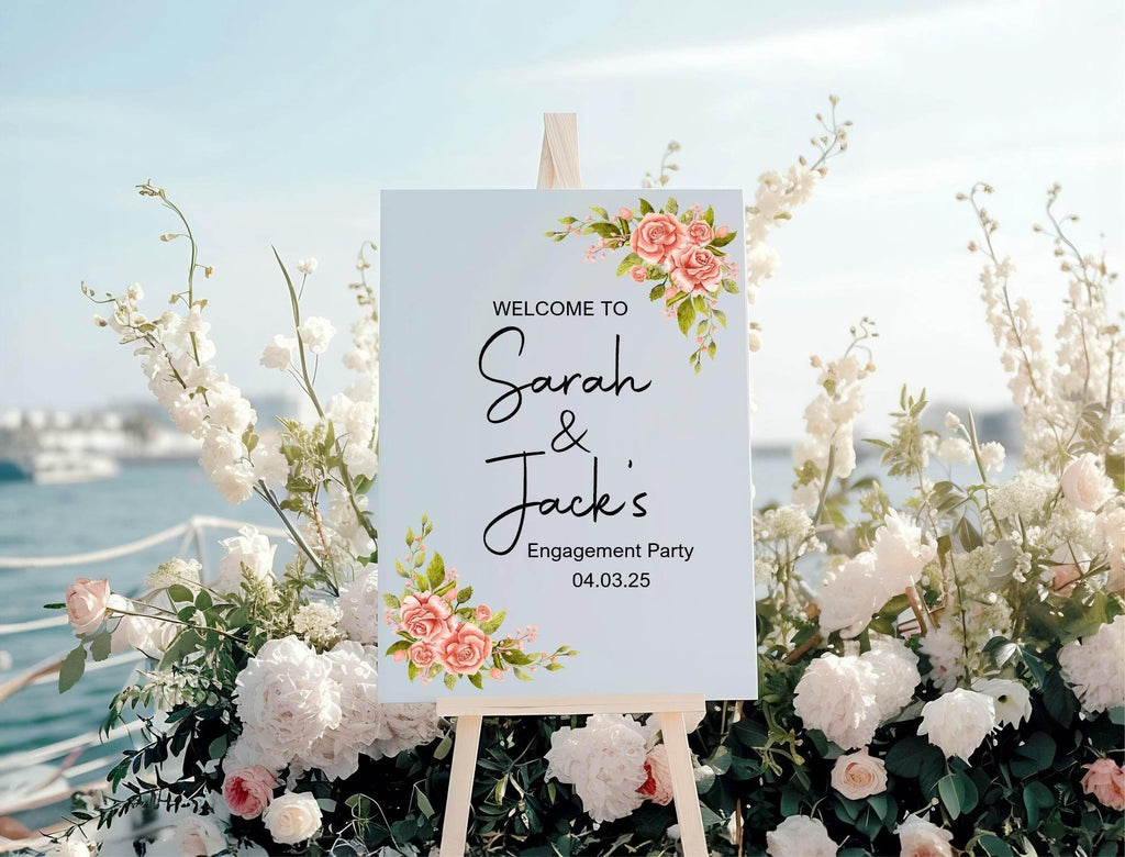Pink Rose Engagement Welcome Party Sign - Larosier Prints