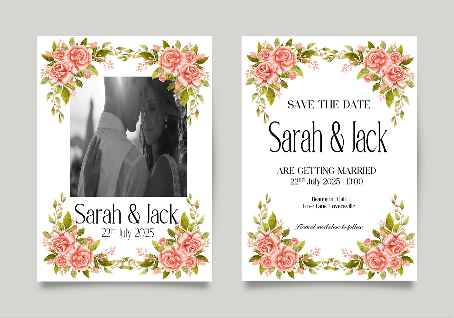 Pink Rose Photo Save The Date Wedding Party Cards & Envelopes | Pack of 10 Double Sided