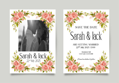 Pink Rose Photo Save The Date Wedding Party Cards & Envelopes | Pack of 10 Double Sided