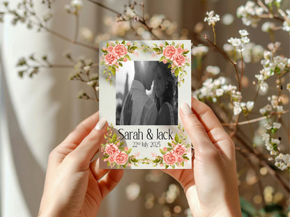 Pink Rose Photo Save The Date Wedding Party Cards & Envelopes | Pack of 10 Double Sided