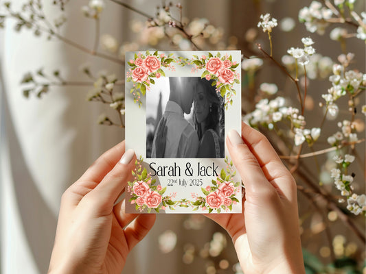 Pink Rose Photo Save The Date Wedding Party Cards & Envelopes | Pack of 10 Double Sided