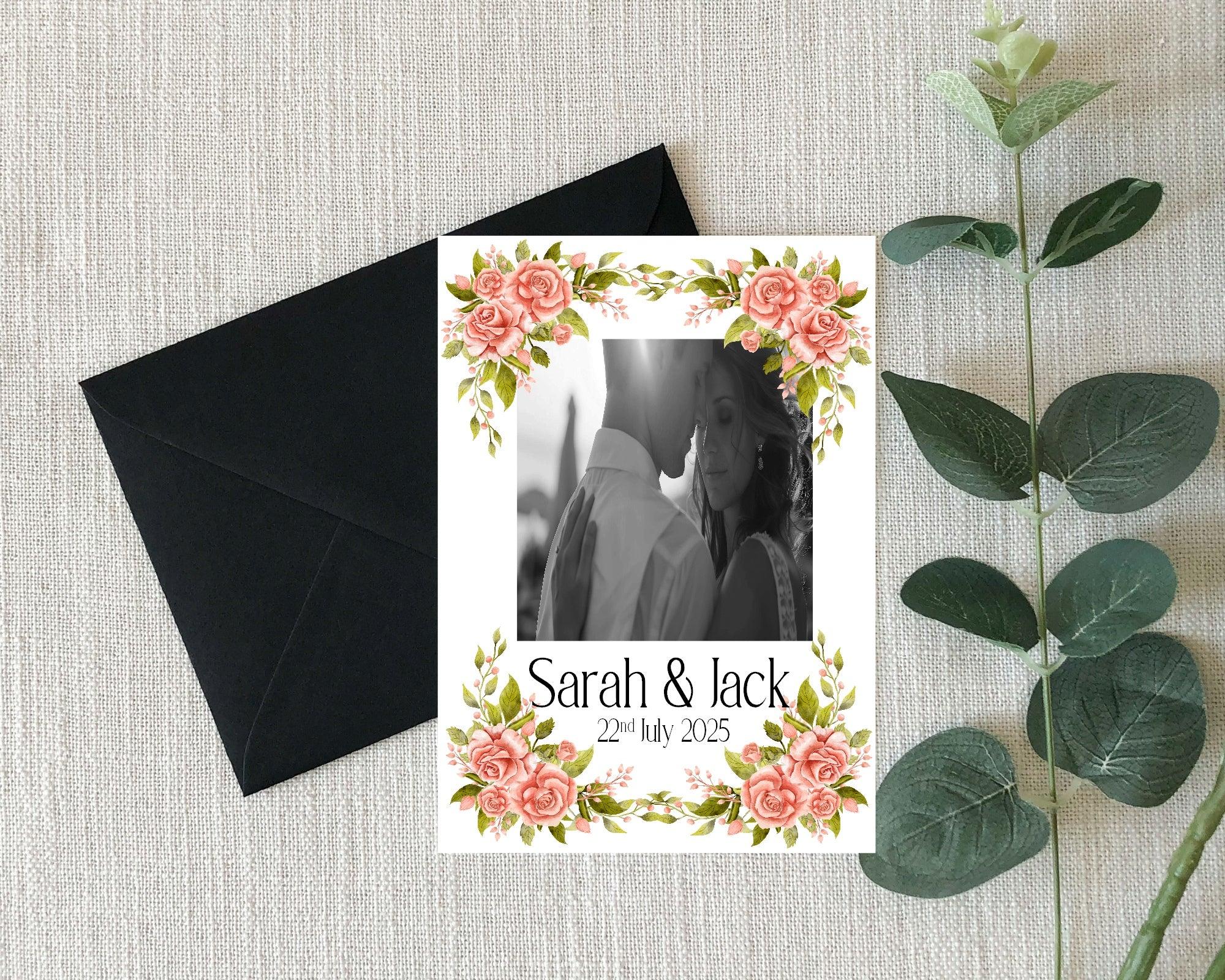 Pink Rose Photo Save The Date Wedding Party Cards & Envelopes | Pack of 10 Double Sided - Larosier Prints