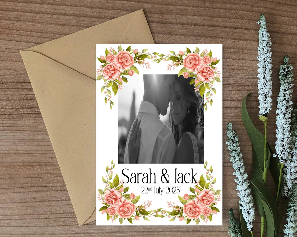 Pink Rose Photo Save The Date Wedding Party Cards & Envelopes | Pack of 10 Double Sided - Larosier Prints