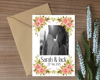 Pink Rose Photo Save The Date Wedding Party Cards & Envelopes | Pack of 10 Double Sided