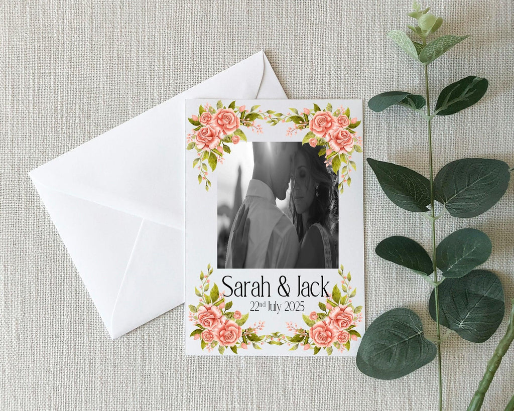 Pink Rose Photo Save The Date Wedding Party Cards & Envelopes | Pack of 10 Double Sided - Larosier Prints