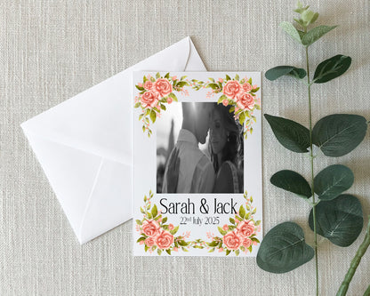 Pink Rose Photo Save The Date Wedding Party Cards & Envelopes | Pack of 10 Double Sided