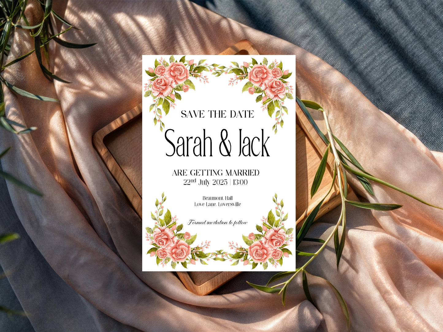Pink Rose Photo Save The Date Wedding Party Cards & Envelopes | Pack of 10 Double Sided