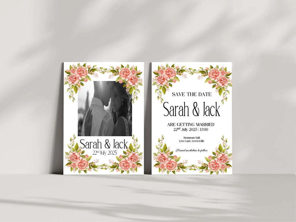 Pink Rose Photo Save The Date Wedding Party Cards & Envelopes | Pack of 10 Double Sided - Larosier Prints