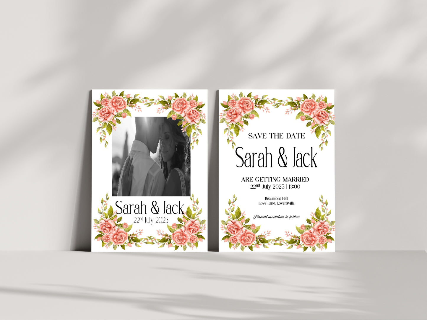 Pink Rose Photo Save The Date Wedding Party Cards & Envelopes | Pack of 10 Double Sided