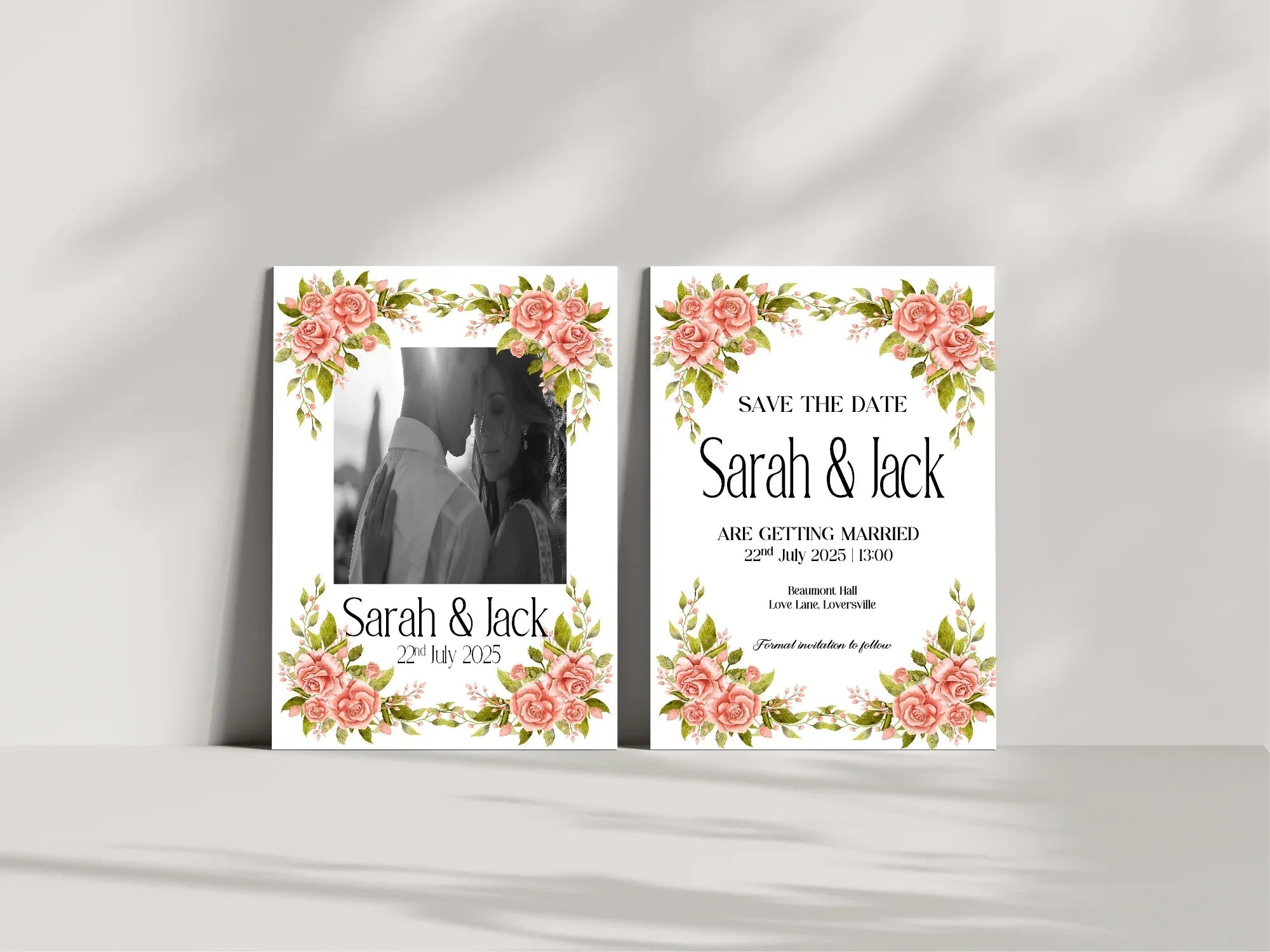 Pink Rose Photo Save The Date Wedding Party Cards & Envelopes | Pack of 10 Double Sided - Larosier Prints