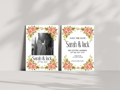 Pink Rose Photo Save The Date Wedding Party Cards & Envelopes | Pack of 10 Double Sided