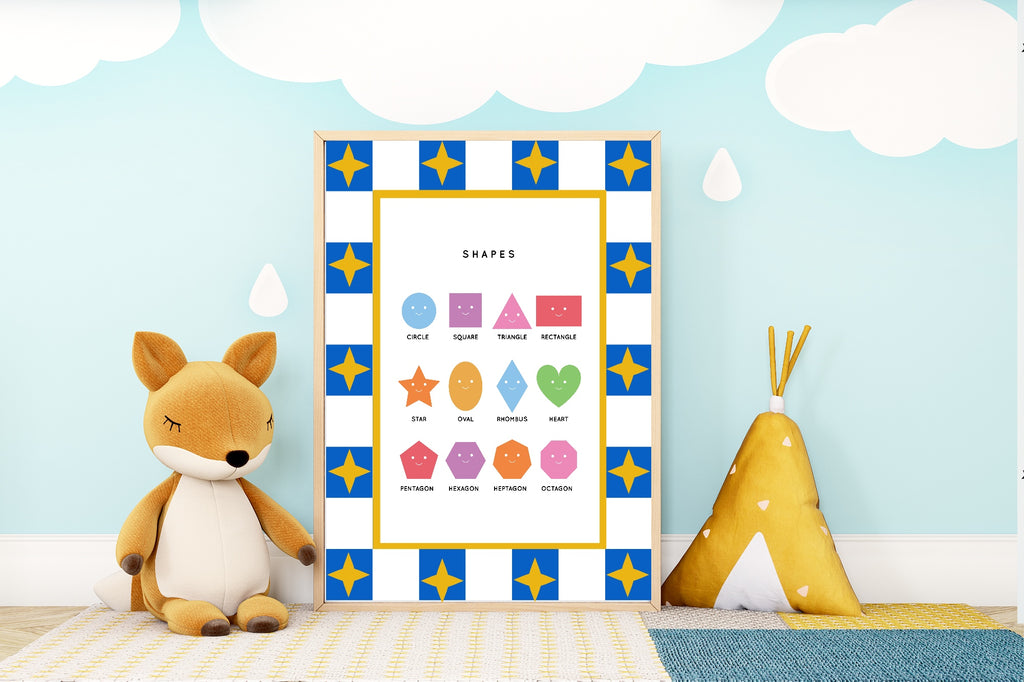 Blue Checked & Stars Shapes Poster | Educational Wall Art