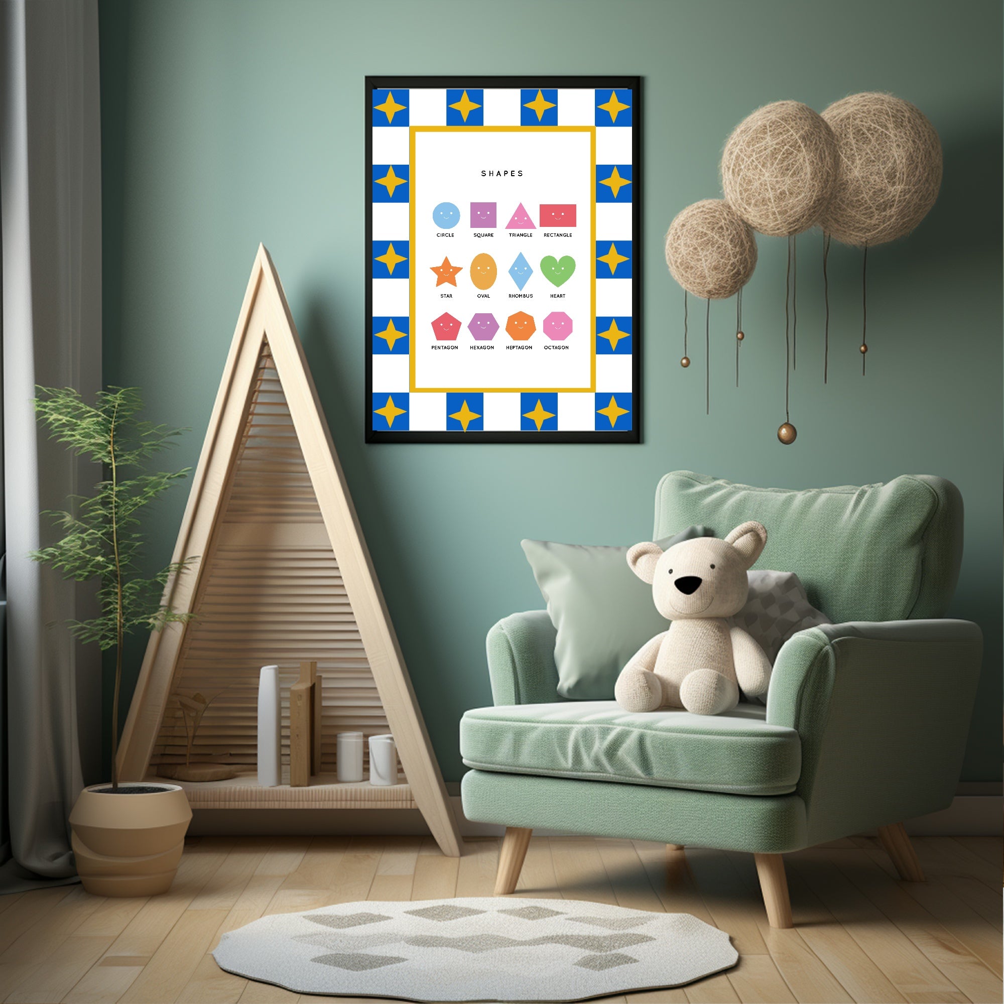 Blue Checked & Stars Shapes Poster | Educational Wall Art