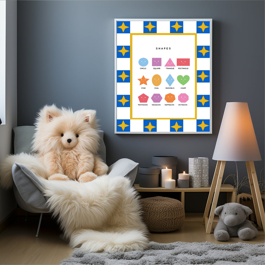 Blue Checked & Stars Shapes Poster | Educational Wall Art