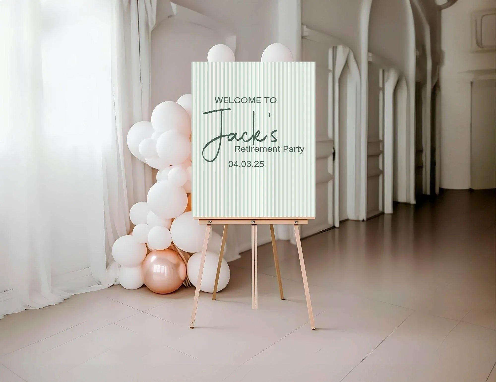 Sage Green Stripe Welcome Retirement Party Sign - Larosier Prints