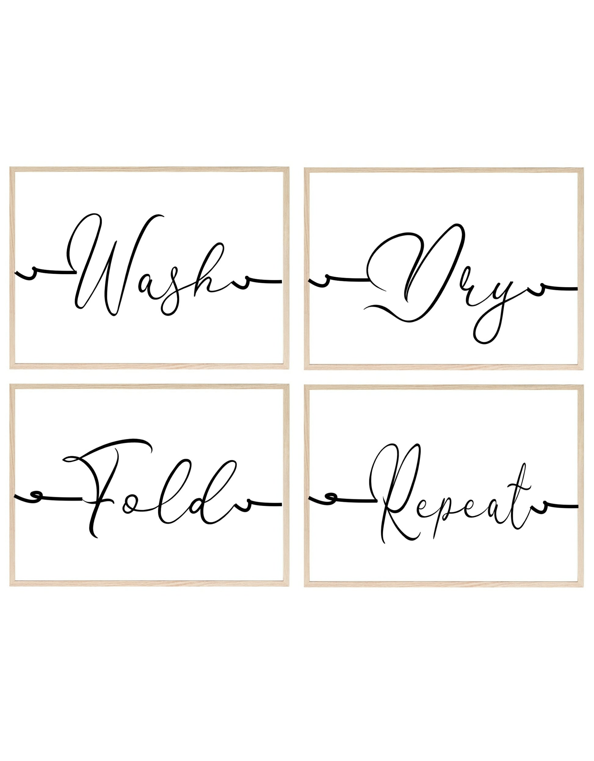 Set Of 4 Wash, Dry, Fold & Repeat Laundry Prints | Typography Wall Art