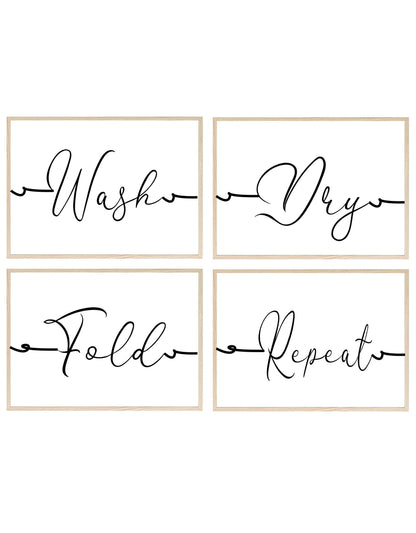 Set Of 4 Wash, Dry, Fold & Repeat Laundry Prints | Typography Wall Art