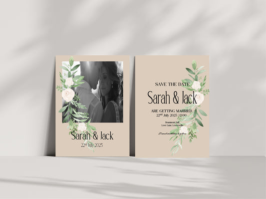 Beige & White Rose Photo Save The Date Wedding Party Cards & Envelopes | Pack of 10 Double Sided