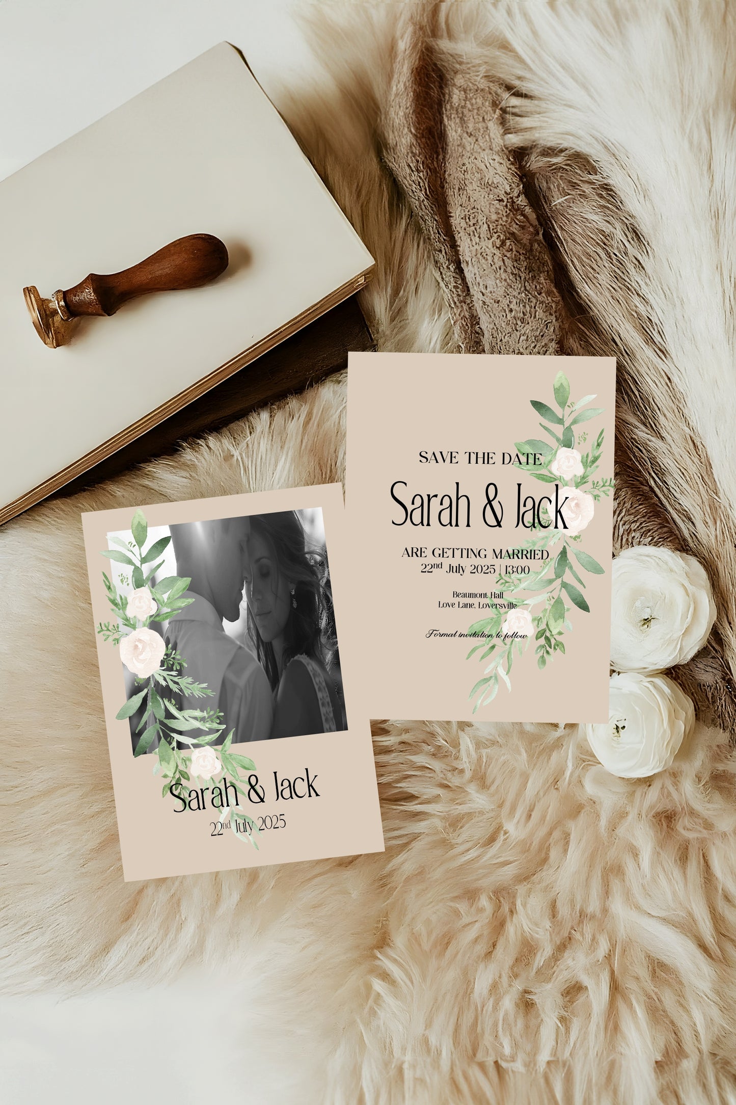 Beige & White Rose Photo Save The Date Wedding Party Cards & Envelopes | Pack of 10 Double Sided