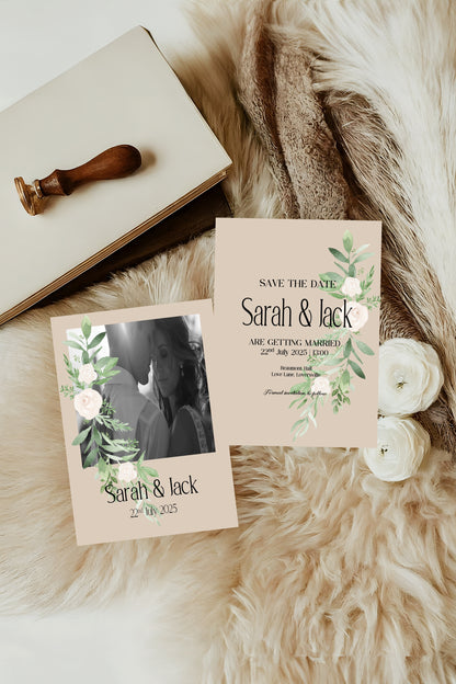 Beige & White Rose Photo Save The Date Wedding Party Cards & Envelopes | Pack of 10 Double Sided