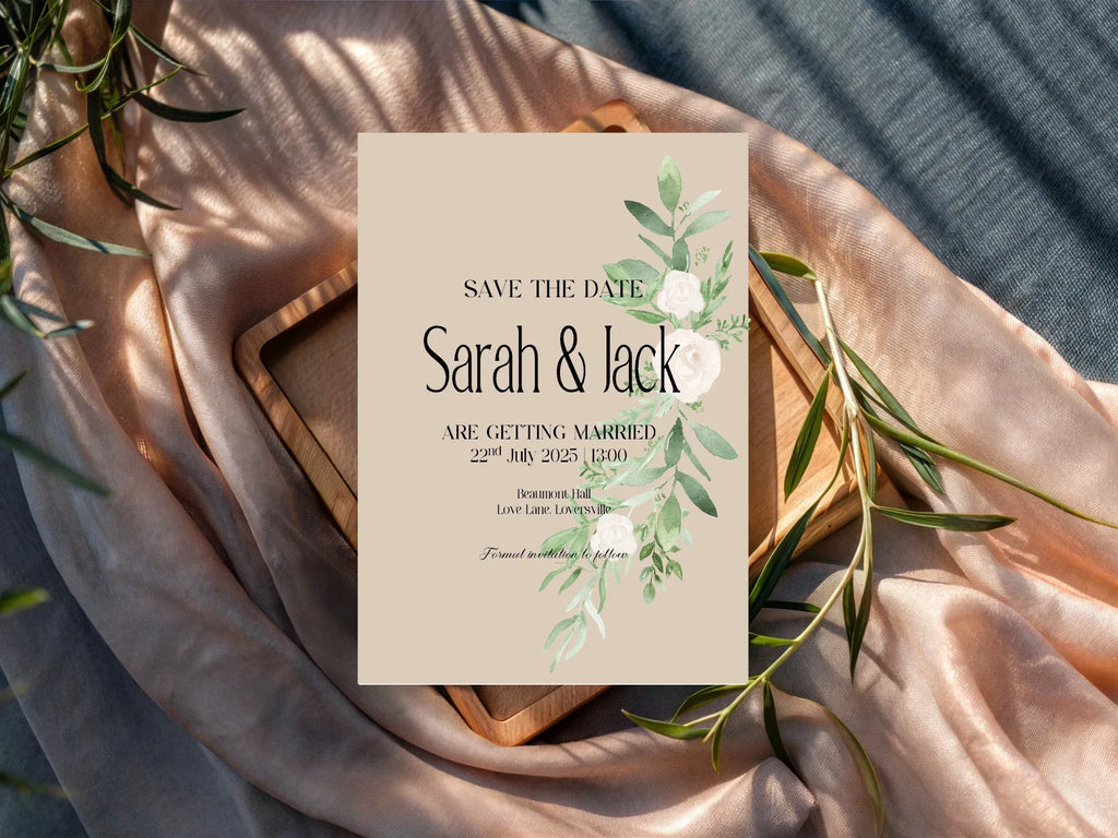 Beige & White Rose Photo Save The Date Wedding Party Cards & Envelopes | Pack of 10 Double Sided - Larosier Prints