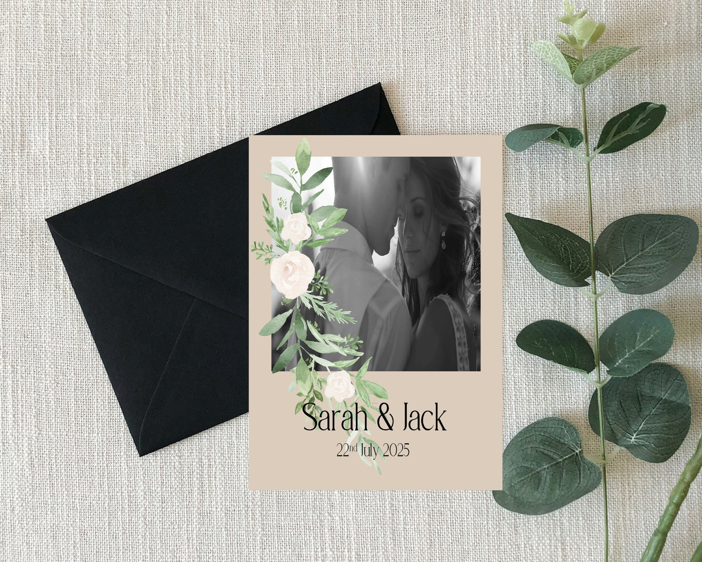 Beige & White Rose Photo Save The Date Wedding Party Cards & Envelopes | Pack of 10 Double Sided
