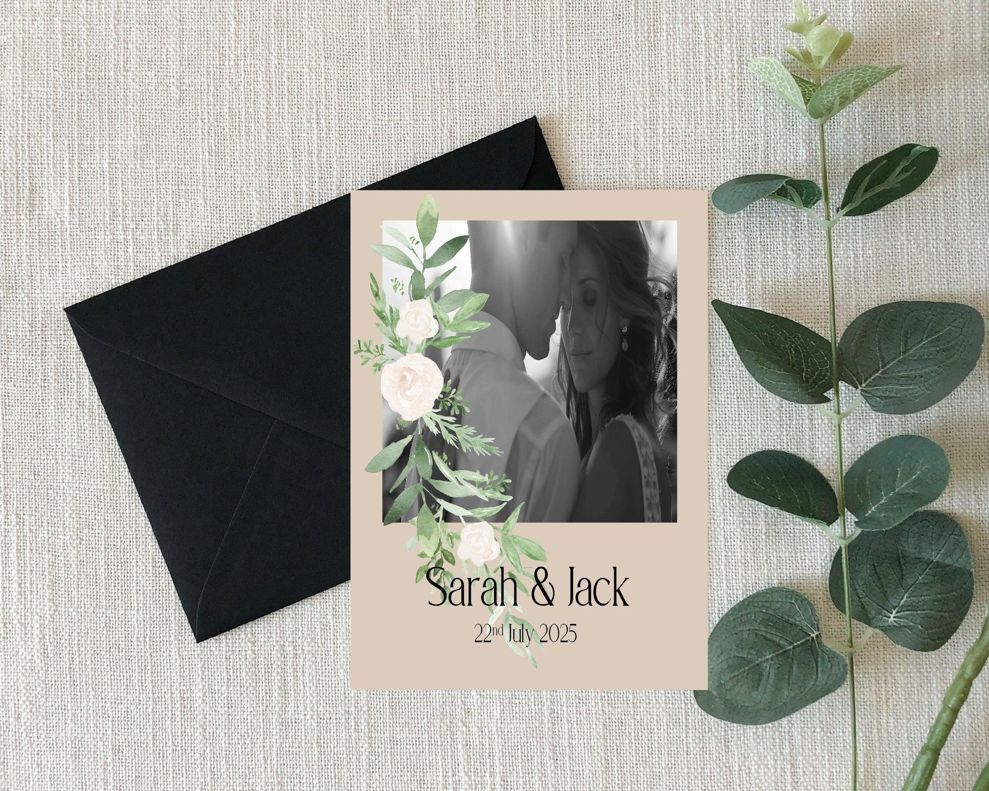 Beige & White Rose Photo Save The Date Wedding Party Cards & Envelopes | Pack of 10 Double Sided - Larosier Prints