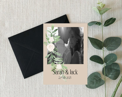 Beige & White Rose Photo Save The Date Wedding Party Cards & Envelopes | Pack of 10 Double Sided