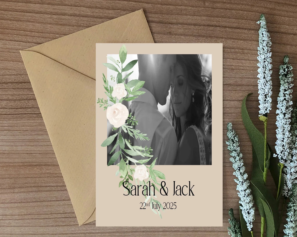 Beige & White Rose Photo Save The Date Wedding Party Cards & Envelopes | Pack of 10 Double Sided - Larosier Prints