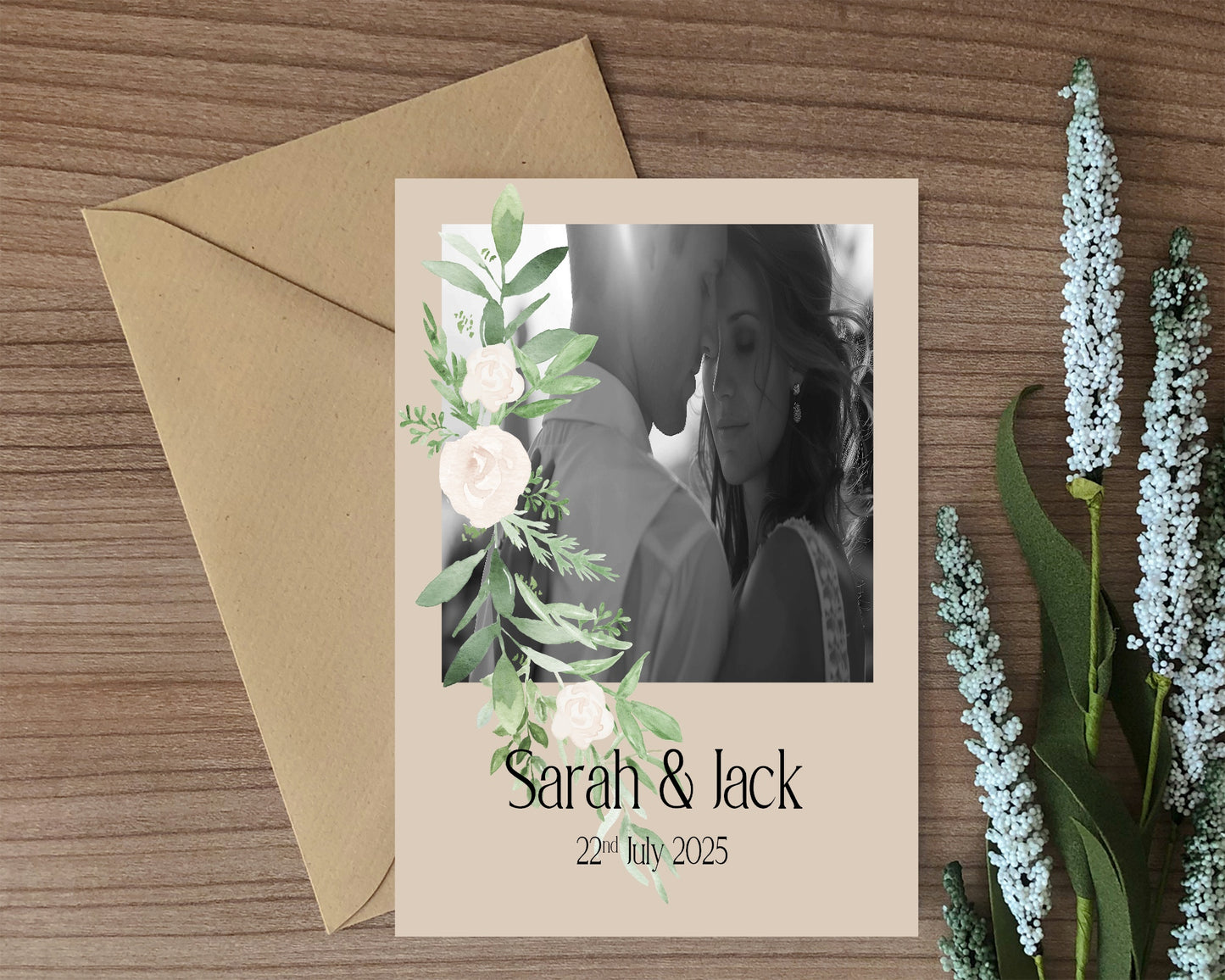 Beige & White Rose Photo Save The Date Wedding Party Cards & Envelopes | Pack of 10 Double Sided