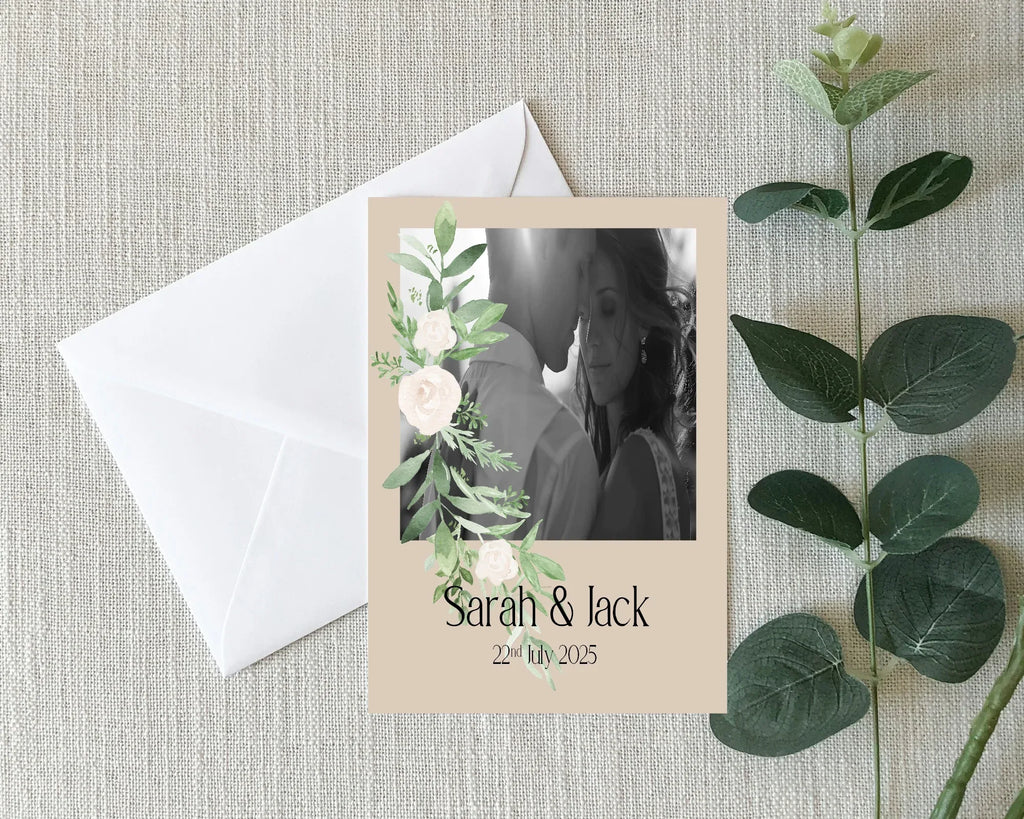 Beige & White Rose Photo Save The Date Wedding Party Cards & Envelopes | Pack of 10 Double Sided - Larosier Prints