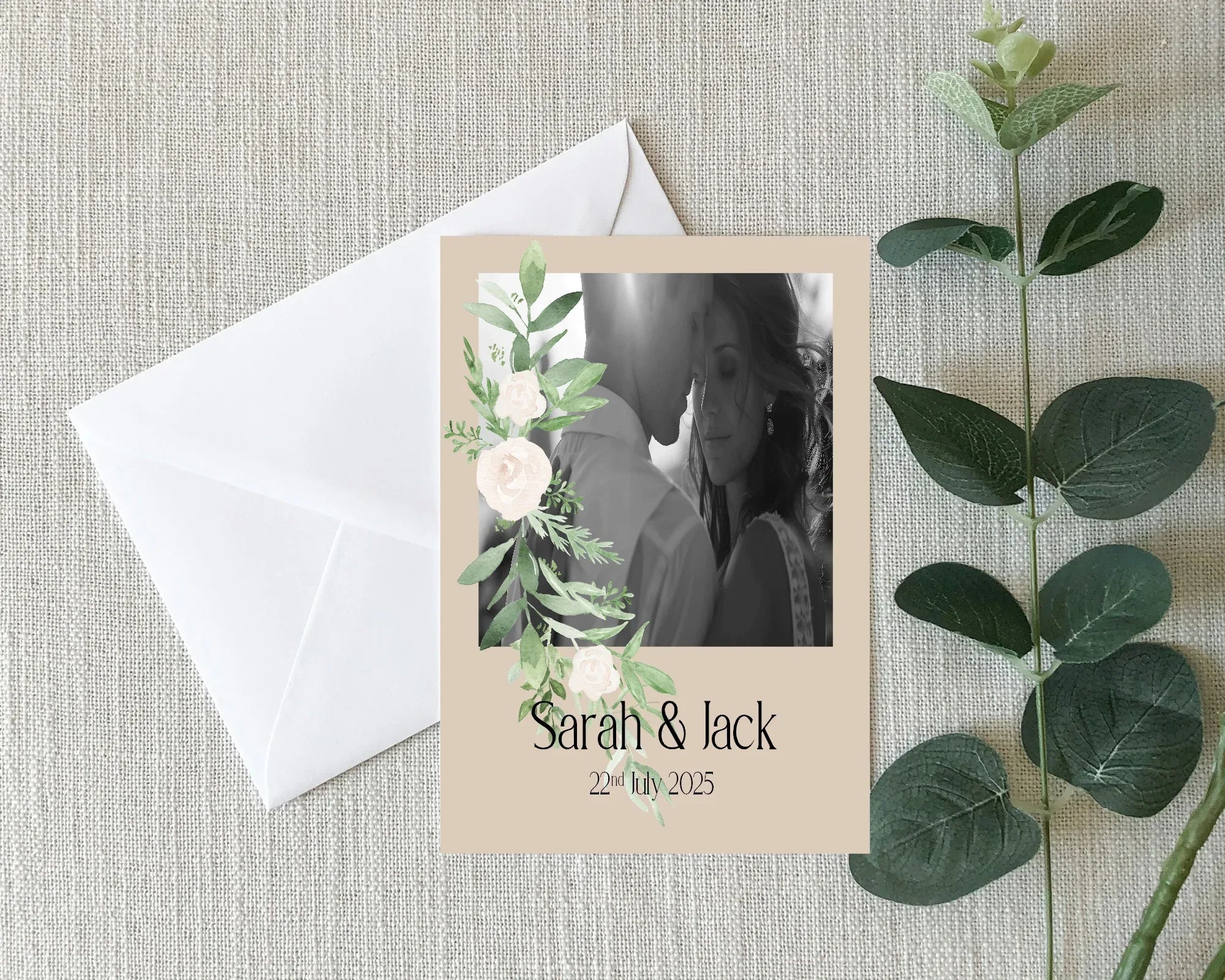 Beige & White Rose Photo Save The Date Wedding Party Cards & Envelopes | Pack of 10 Double Sided - Larosier Prints